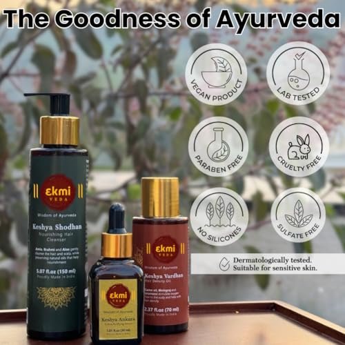 EKMIVEDA Hair Growth Set - Ayurvedic Bhringraj, Castor, Amla & Rosemary - Sulfate Free Hair Thickening Products - Oil, Shampoo & Redensyl Serum (Pack of 3, 8.45 Fl Oz) Avelisse