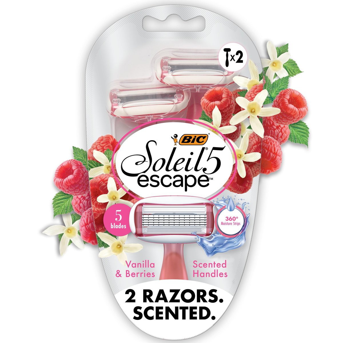 BIC Soleil 5 Escape Women's Disposable 5-Blade Razors, Vanilla & Berry Scented Handles, Comfort Shield, 2-Pack - görsel 1
