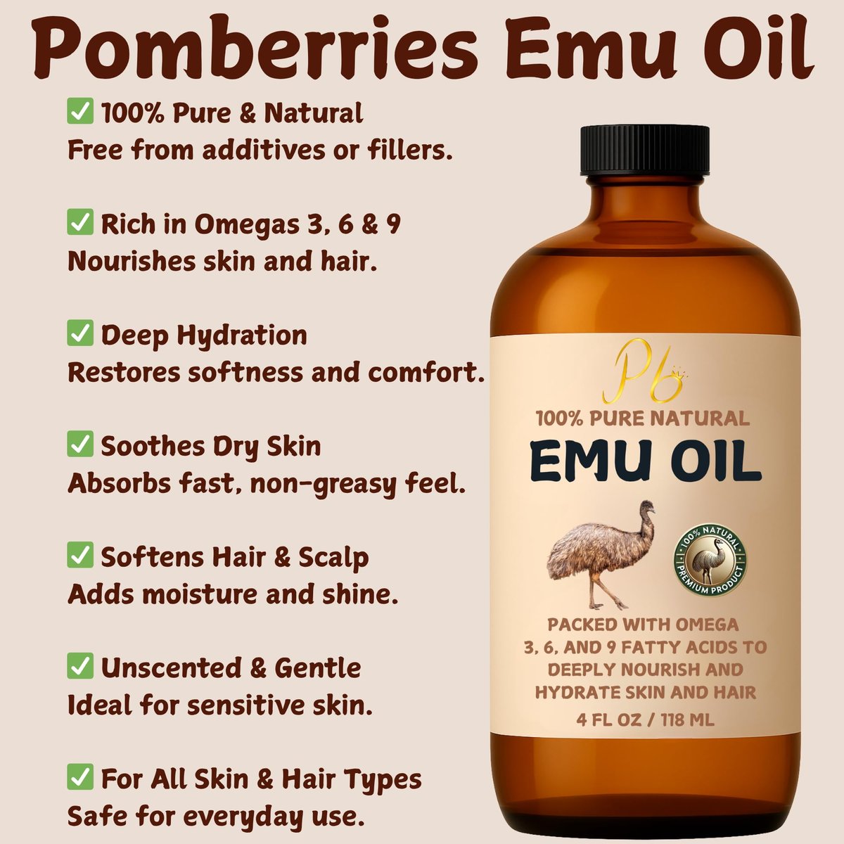 Pomberries 100% Pure Australian Emu Oil – Refined & Unscented Natural Moisturizer for Hair, Skin, Face & Body – Helps with Scars, Dry Skin & Massage – 4 fl oz Glass Bottle - görsel 6