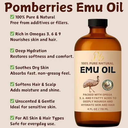 Pomberries 100% Pure Australian Emu Oil – Refined & Unscented Natural Moisturizer for Hair, Skin, Face & Body – Helps with Scars, Dry Skin & Massage – 4 fl oz Glass Bottle