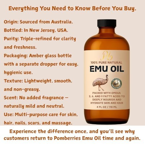 Pomberries 100% Pure Australian Emu Oil – Refined & Unscented Natural Moisturizer for Hair, Skin, Face & Body – Helps with Scars, Dry Skin & Massage – 4 fl oz Glass Bottle - görsel 13