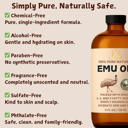 Pomberries 100% Pure Australian Emu Oil – Refined & Unscented Natural Moisturizer for Hair, Skin, Face & Body – Helps with Scars, Dry Skin & Massage – 4 fl oz Glass Bottle