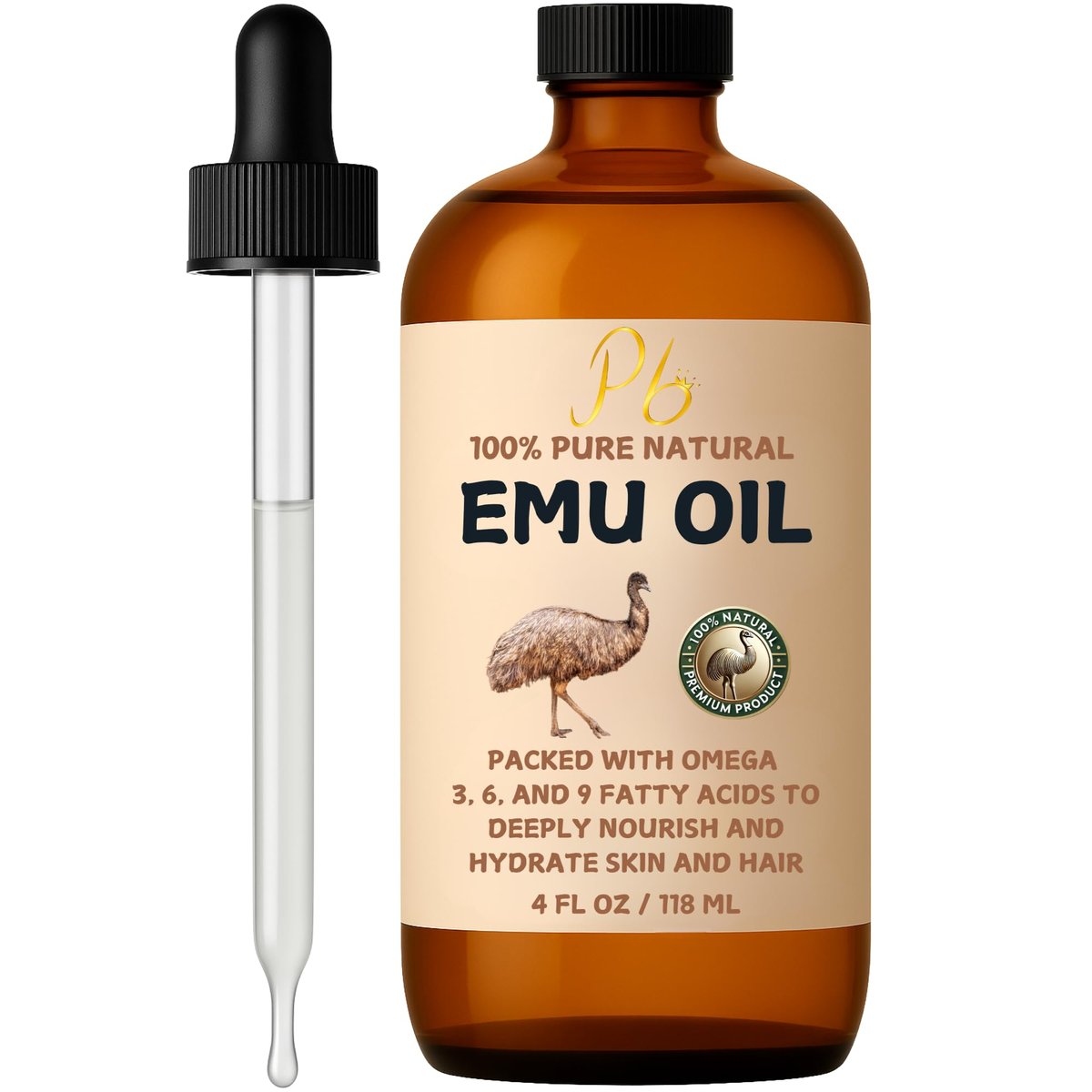 Pomberries 100% Pure Australian Emu Oil – Refined & Unscented Natural Moisturizer for Hair, Skin, Face & Body – Helps with Scars, Dry Skin & Massage – 4 fl oz Glass Bottle - görsel 2