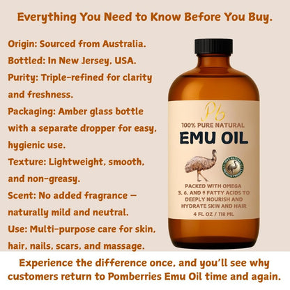 Pomberries 100% Pure Australian Emu Oil – Refined & Unscented Natural Moisturizer for Hair, Skin, Face & Body – Helps with Scars, Dry Skin & Massage – 4 fl oz Glass Bottle