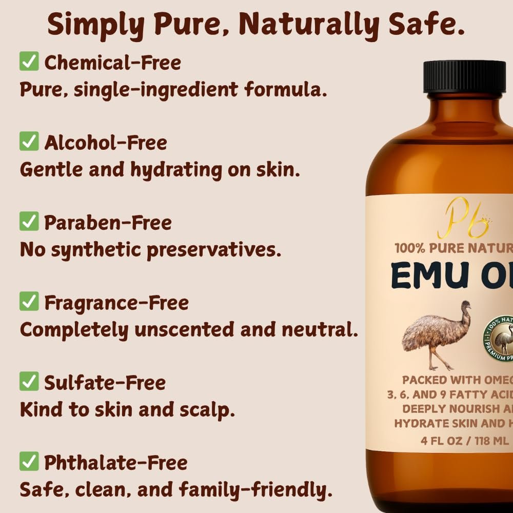Pomberries 100% Pure Australian Emu Oil – Refined & Unscented Natural Moisturizer for Hair, Skin, Face & Body – Helps with Scars, Dry Skin & Massage – 4 fl oz Glass Bottle - görsel 8