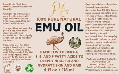 Pomberries 100% Pure Australian Emu Oil – Refined & Unscented Natural Moisturizer for Hair, Skin, Face & Body – Helps with Scars, Dry Skin & Massage – 4 fl oz Glass Bottle
