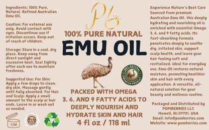 Pomberries 100% Pure Australian Emu Oil – Refined & Unscented Natural Moisturizer for Hair, Skin, Face & Body – Helps with Scars, Dry Skin & Massage – 4 fl oz Glass Bottle