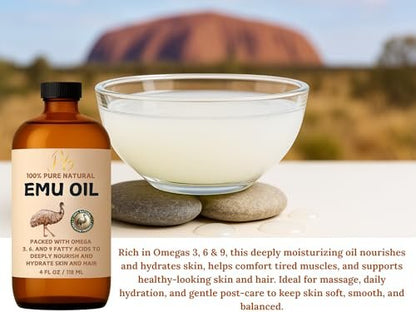Pomberries 100% Pure Australian Emu Oil – Refined & Unscented Natural Moisturizer for Hair, Skin, Face & Body – Helps with Scars, Dry Skin & Massage – 4 fl oz Glass Bottle