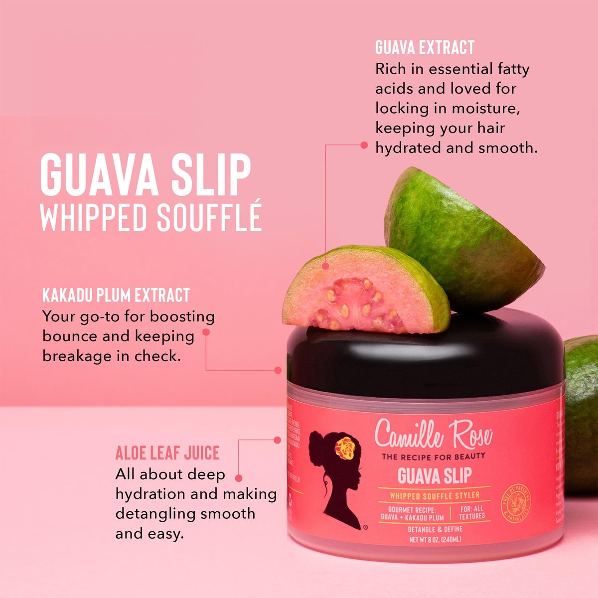 Camille Rose Guava Whipped Hair Styling Cream - 8 oz | Detangle, Frizz Control & Define Strands for All Hair Textures Avelisse