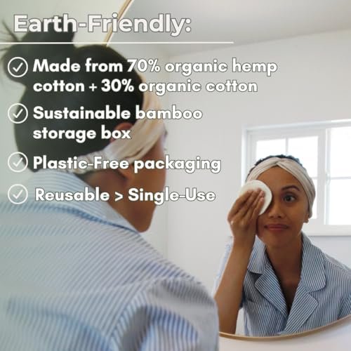 Reusable Hemp Cotton Rounds 15-Pack with Bamboo Storage Box – Ultra-Soft Organic Face Pads for Makeup Removal, Skincare, and Eco-Friendly Beauty Avelisse