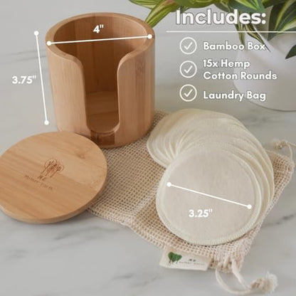 Reusable Hemp Cotton Rounds 15-Pack with Bamboo Storage Box – Ultra-Soft Organic Face Pads for Makeup Removal, Skincare, and Eco-Friendly Beauty Avelisse