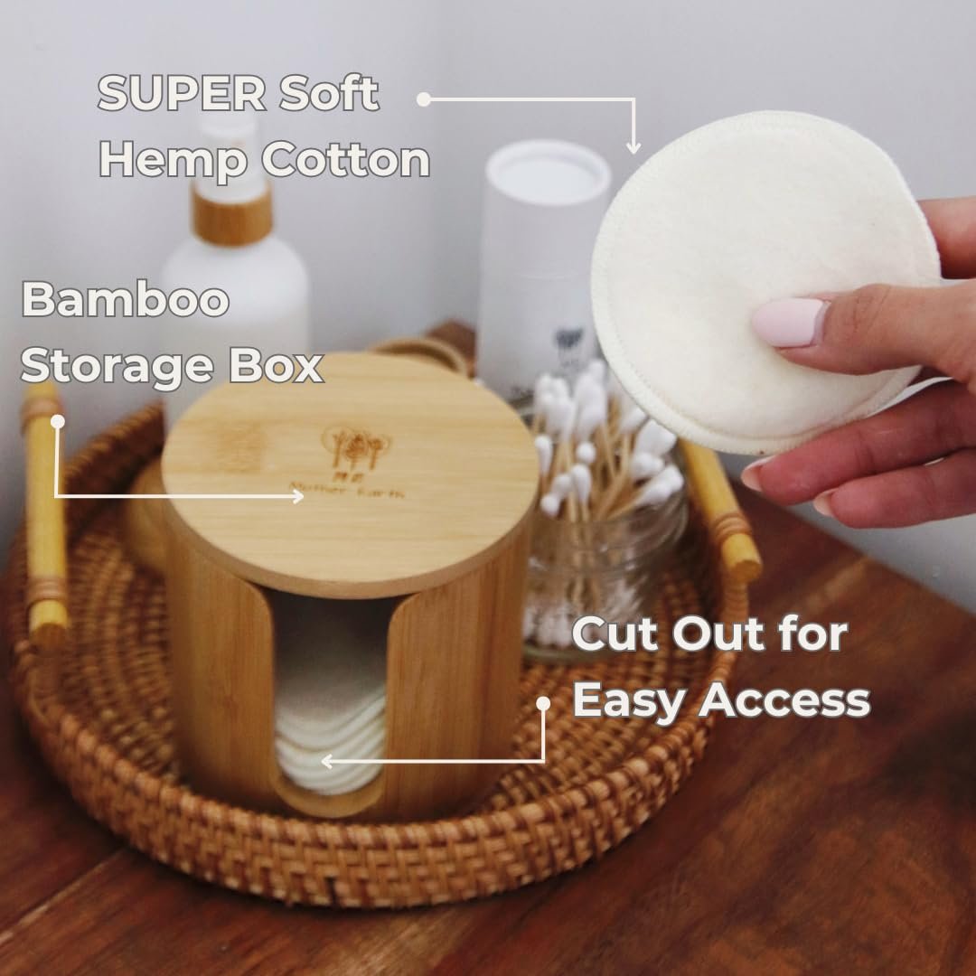Reusable Hemp Cotton Rounds 15-Pack with Bamboo Storage Box – Ultra-Soft Organic Face Pads for Makeup Removal, Skincare, and Eco-Friendly Beauty Avelisse