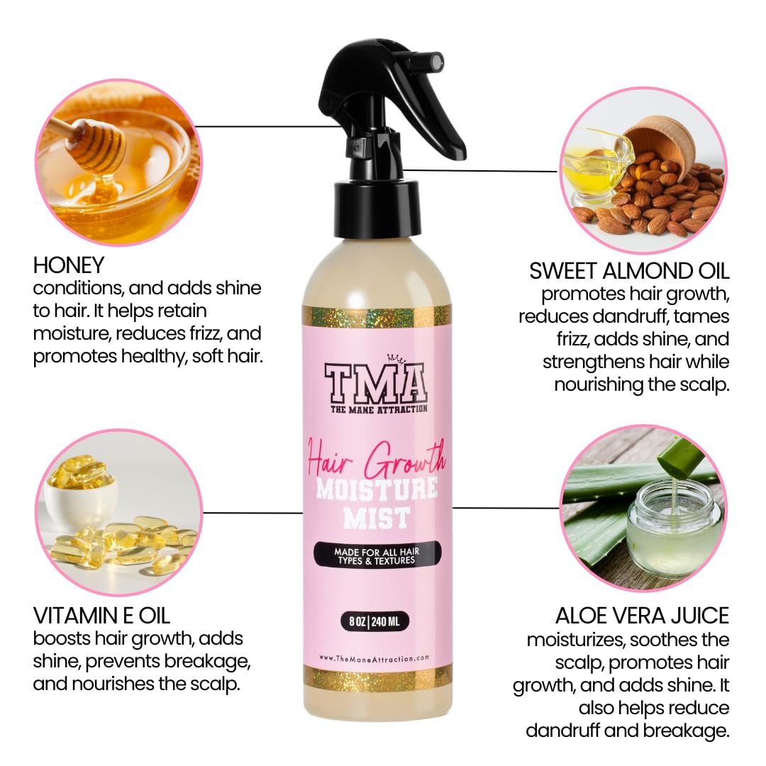 The Mane Attraction Nourishing Daily Hair Growth Moisture Mist - Lightweight Moisturizer for Thicker, Longer Hair with Aloe Vera, Sweet Almond Oil & Honey - 8 oz Avelisse