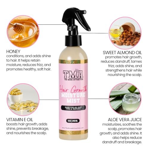 The Mane Attraction Nourishing Daily Hair Growth Moisture Mist - Lightweight Moisturizer for Thicker, Longer Hair with Aloe Vera, Sweet Almond Oil & Honey - 8 oz Avelisse