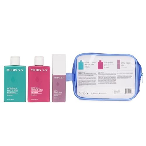 MEDIX 5.5 Best Sellers Travel Kit - Retinol Body Lotion, Glycolic Acid Body Wash, Vitamin F Body Oil - 3 Piece Crepey Skin Care Set Avelisse