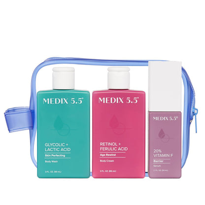 MEDIX 5.5 Best Sellers Travel Kit - Retinol Body Lotion, Glycolic Acid Body Wash, Vitamin F Body Oil - 3 Piece Crepey Skin Care Set Avelisse