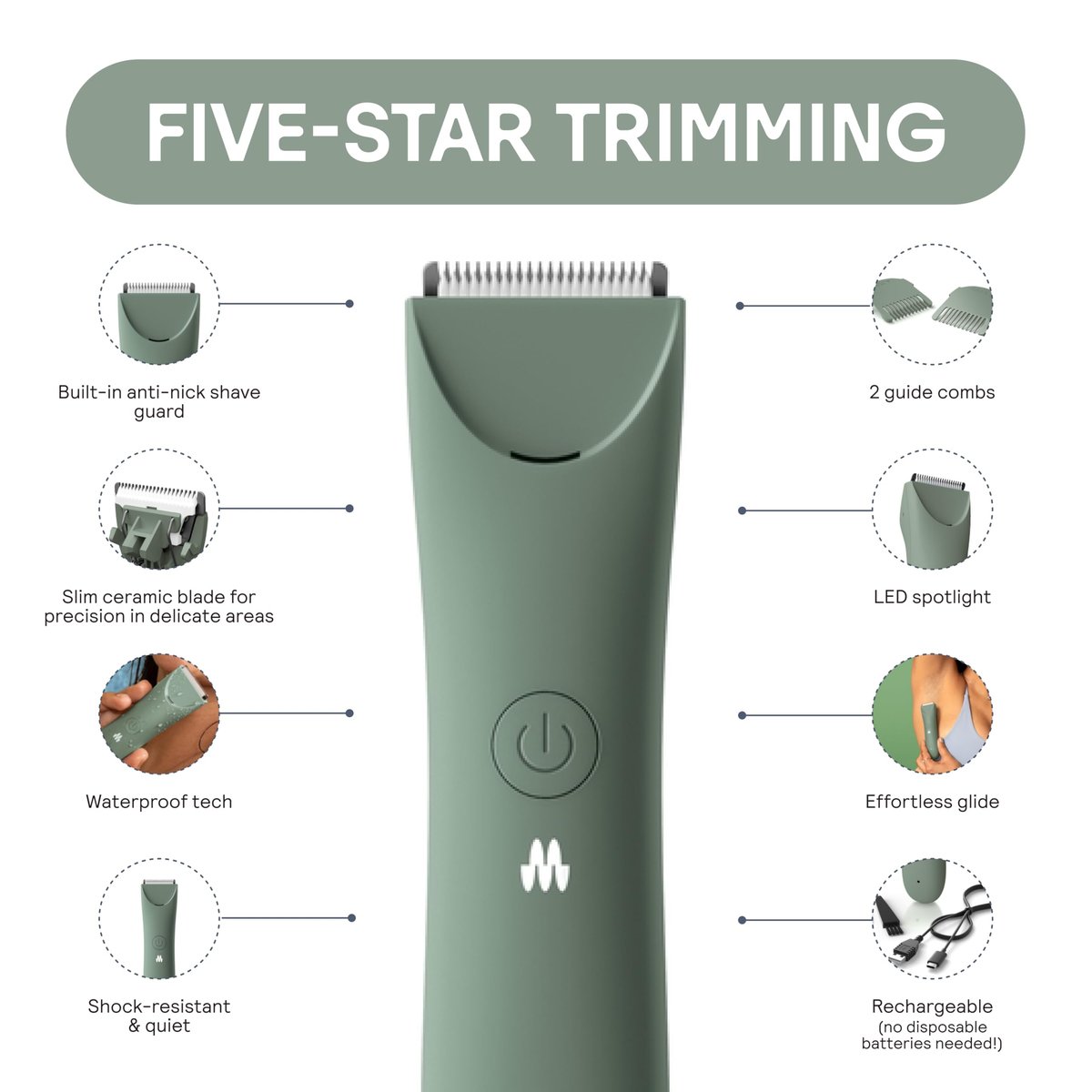 MERIDIAN Slimmer Trimmer – Electric Razor for Women, Bikini Line & Pubic Hair Trimmer, Rechargeable & Waterproof, Painless, Flawless Shave for Sensitive Skin, Gentle, Quiet & Travel-Friendly, Sage Avelisse