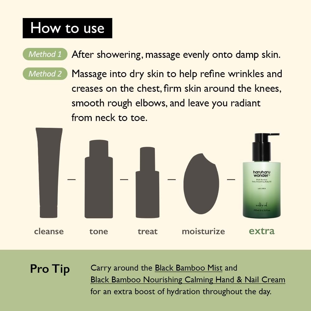 HARUHARU Wonder Black Bamboo Daily Smoothing Body Oil - Lightweight, Fast Absorption, Non-Greasy, Deeply Hydrating with Almond & Argan Oil, 6.76 fl oz - görsel 15
