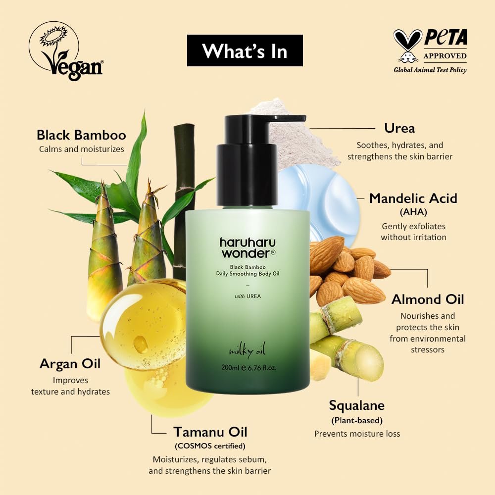 HARUHARU Wonder Black Bamboo Daily Smoothing Body Oil - Lightweight, Fast Absorption, Non-Greasy, Deeply Hydrating with Almond & Argan Oil, 6.76 fl oz - görsel 5