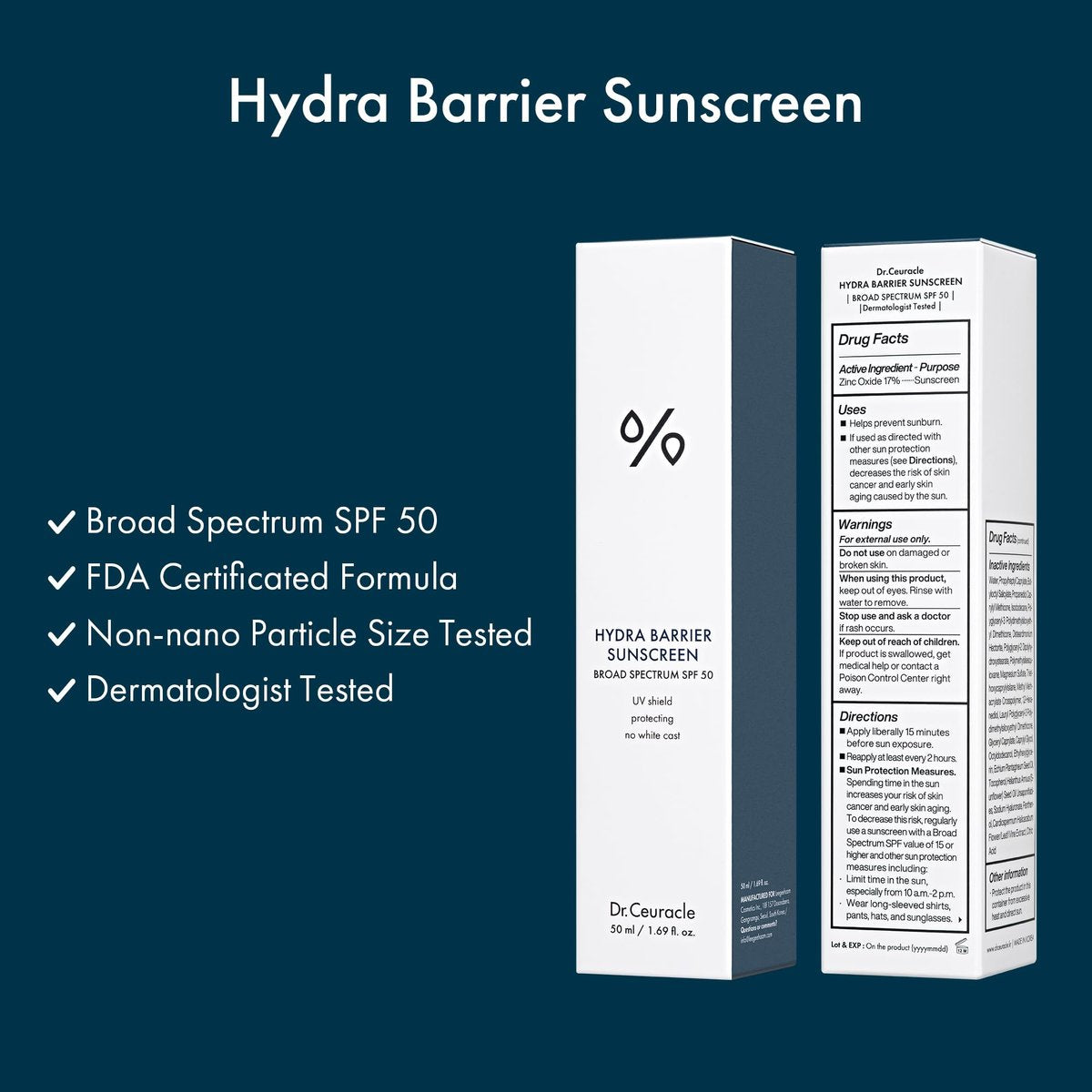Dr.Ceuracle Hydra Barrier Mineral Sunscreen SPF 50 - Korean Sunscreen with Zinc Oxide & Hyaluronic Acid, Dewy Glow 50ml Avelisse