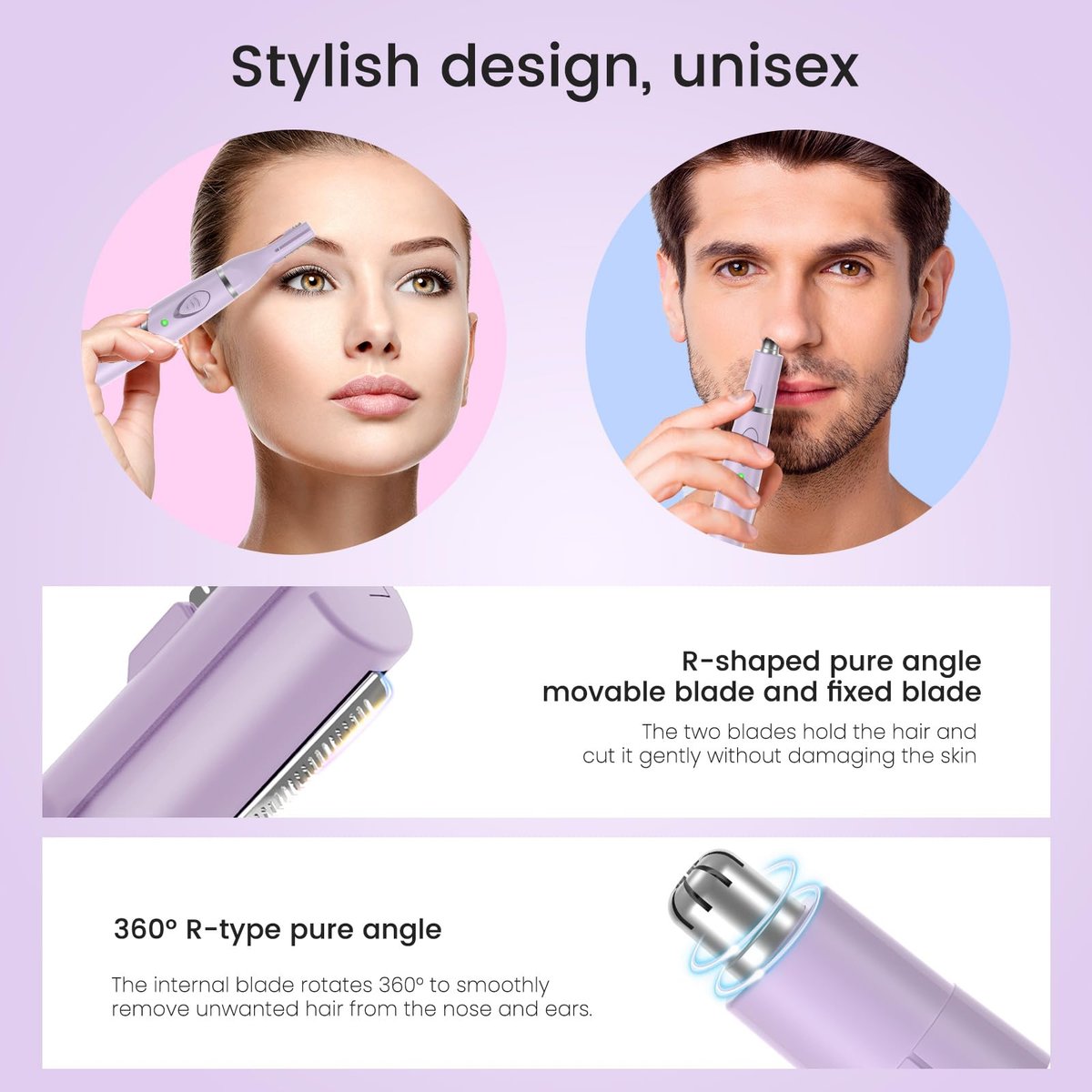 Yinowt Women's Ear and Nose Hair Trimmer - 2026 Professional Painless 2-in-1 USB Rechargeable Eyebrow & Facial Hair Trimmer, Precision Tool with Powerful Motor and Dual-Edge Blades, IPX7 Waterproof (Purple) - görsel 3