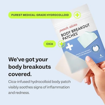 Peach Slices Body Breakout Patches (6 ct) - Overnight Body Pimple Patches - Hypoallergenic Cica & Hydrocolloid Bandages - Vegan & Cruelty Free Korean Skin Care