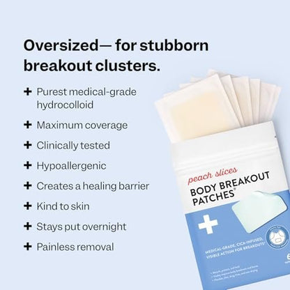 Peach Slices Body Breakout Patches (6 ct) - Overnight Body Pimple Patches - Hypoallergenic Cica & Hydrocolloid Bandages - Vegan & Cruelty Free Korean Skin Care