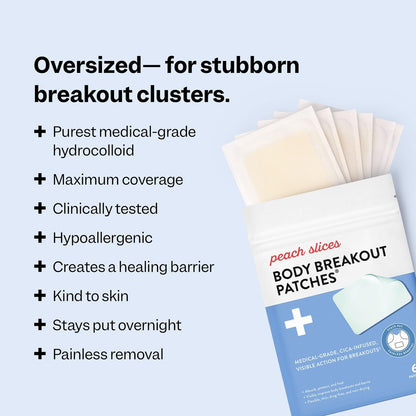 Peach Slices Body Breakout Patches (6 ct) - Overnight Body Pimple Patches - Hypoallergenic Cica & Hydrocolloid Bandages - Vegan & Cruelty Free Korean Skin Care