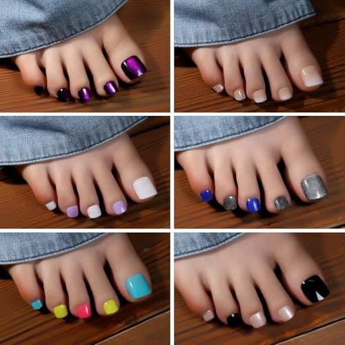 FANDAMEI Press On Toenails - 24 Colors Short Square French Tips Cat Eye Toe Nails, Red Ombre Glossy Fake Toe Nails for Women & Girls Avelisse
