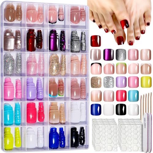 FANDAMEI Press On Toenails - 24 Colors Short Square French Tips Cat Eye Toe Nails, Red Ombre Glossy Fake Toe Nails for Women & Girls Avelisse