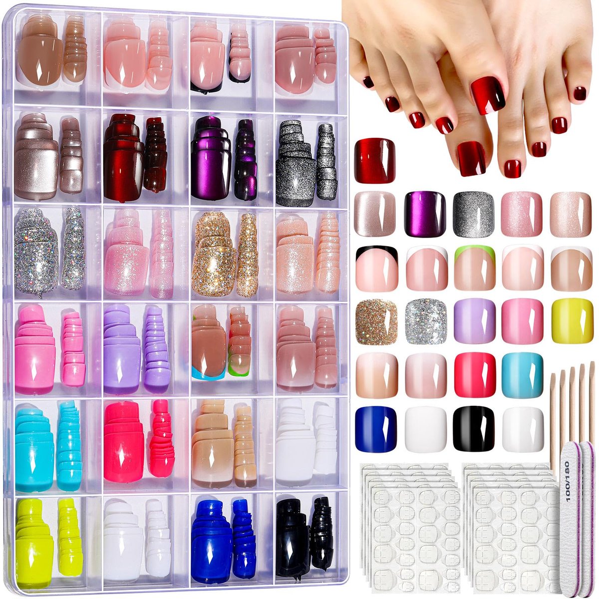 FANDAMEI Press On Toenails - 24 Colors Short Square French Tips Cat Eye Toe Nails, Red Ombre Glossy Fake Toe Nails for Women & Girls Avelisse