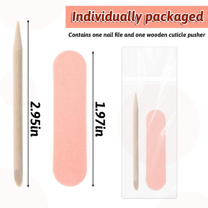 40 Pack Mini Nail File Disposable Manicure Kit with Wooden Cuticle Pusher Sticks - Individually Wrapped Nail Prep Tools for Home Salon Use
