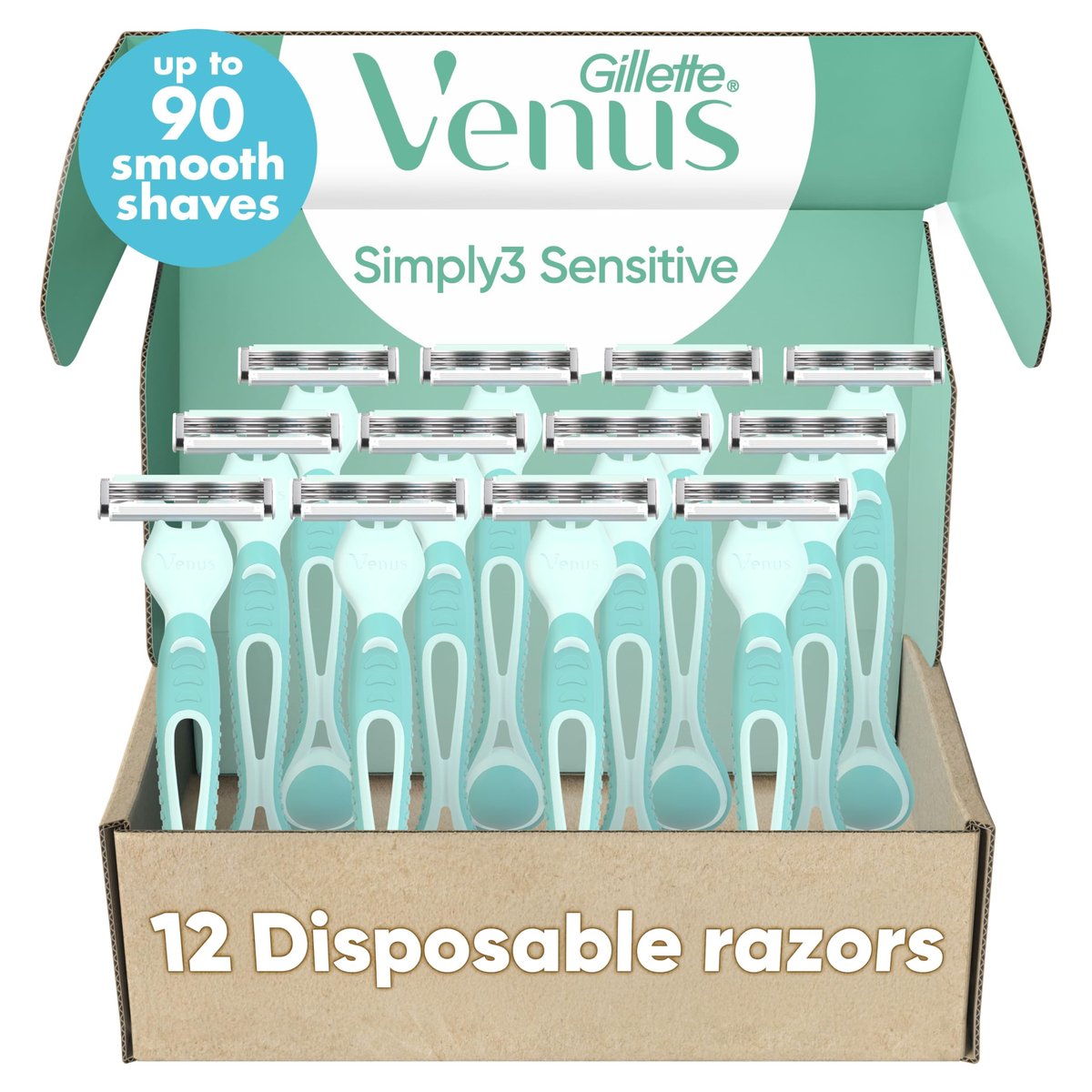 Gillette Venus Simply 3 Sensitive Disposable Razors for Women, 12 Count, White & Turquoise - görsel 1