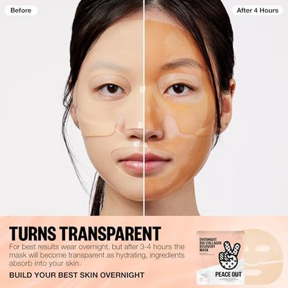 PEACE OUT Overnight Bio-Collagen Recovery Mask – Vegan Collagen & Hyaluronic Acid Sheet Mask for Deep Hydration (1 Count)