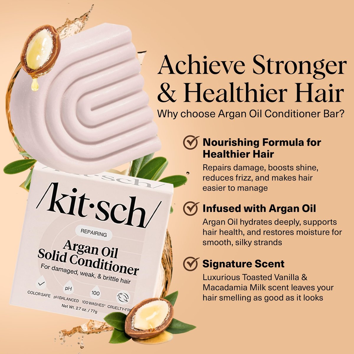 Kitsch Argan Oil Conditioner Bar – Repairing & Moisturizing Solid Conditioner for Damaged, Frizzy Hair – Sulfate-Free, Paraben-Free – Made in USA – 2.7 oz - görsel 3