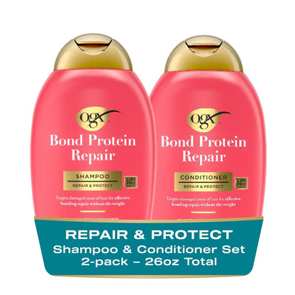 OGX Repair + Protect Bond Protein Repair Shampoo and Conditioner Set – Sulfate-Free, Hydrating Care for Color-Treated, Dry Hair, 13 fl oz Each (Pack of 2)