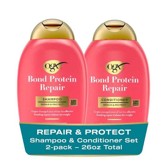 OGX Repair + Protect Bond Protein Repair Shampoo and Conditioner Set – Sulfate-Free, Hydrating Care for Color-Treated, Dry Hair, 13 fl oz Each (Pack of 2)