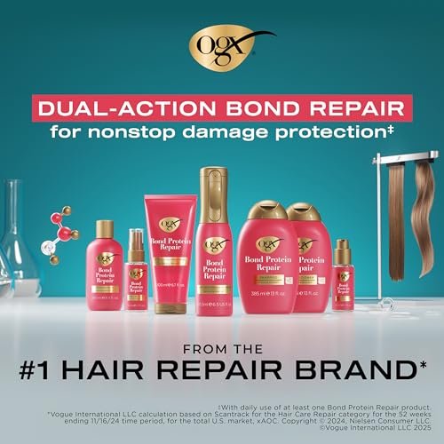 OGX Repair + Protect Bond Protein Repair Shampoo and Conditioner Set – Sulfate-Free, Hydrating Care for Color-Treated, Dry Hair, 13 fl oz Each (Pack of 2) - görsel 18