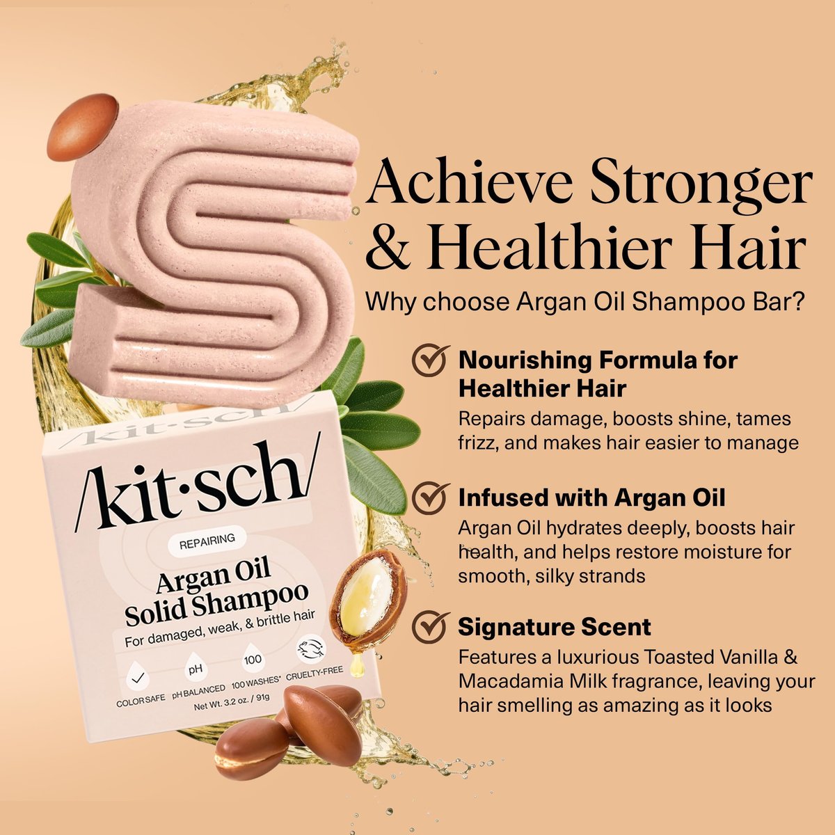 Kitsch Argan Oil Shampoo Bar for Hair Growth – Repairing & Moisturizing Shampoo for Women & Men – Paraben, Phthalates, Silicone & Sulfate Free – Made in USA, 3.2 oz - görsel 4