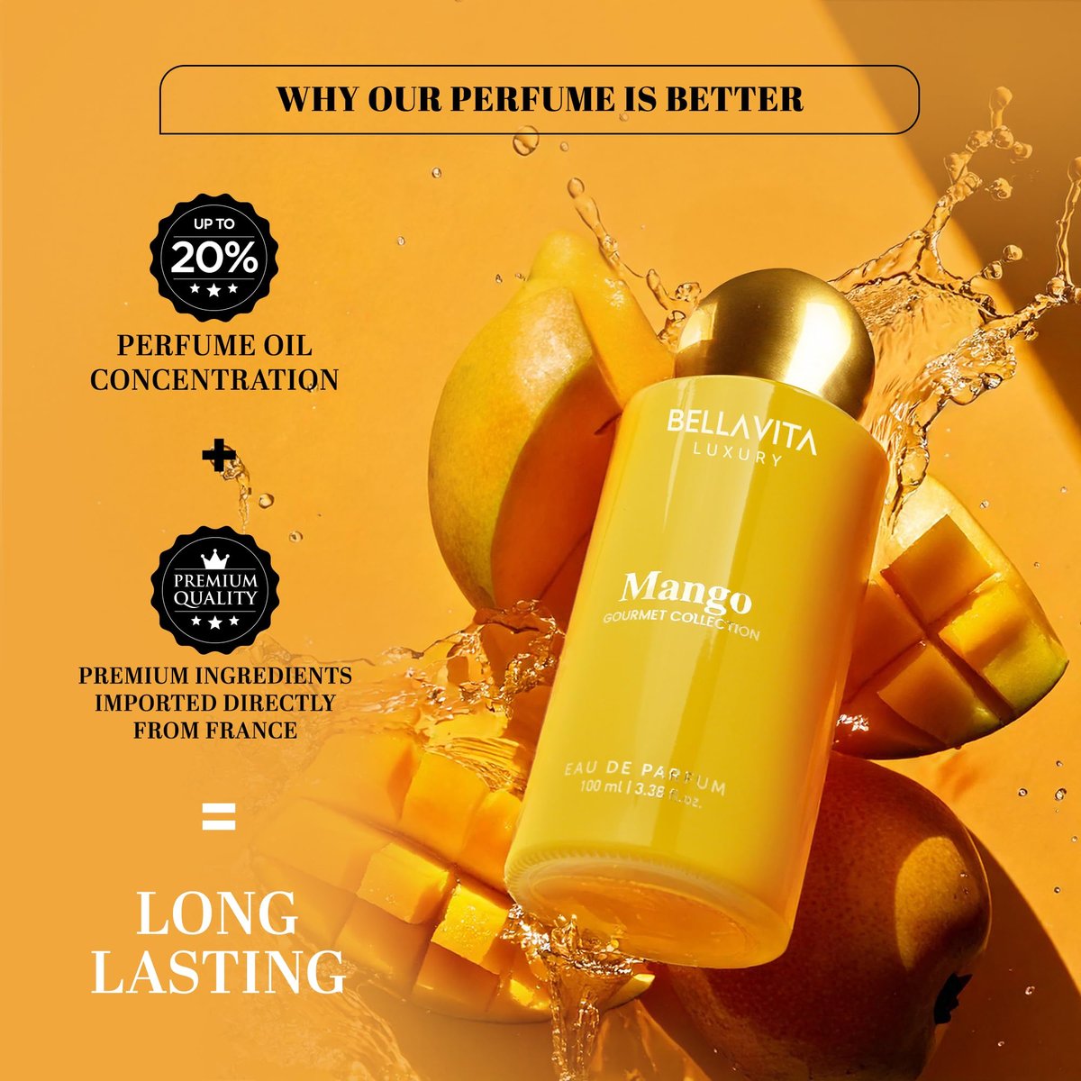 Bellavita Luxury Mango Eau de Parfum | 100 ml (3.4 fl.oz.) | Gourmet Unisex Fragrance with Mango, Ylang, and Siam Benzoin Notes - görsel 5