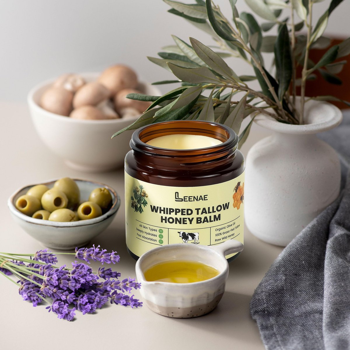 LEENAE Whipped Beef Tallow Moisturizer with Honey – Grass Fed Tallow Face & Body Balm, Unscented Natural Skin Cream with Olive Oil, 4 oz - görsel 9