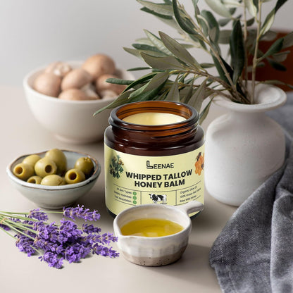 LEENAE Whipped Beef Tallow Moisturizer with Honey – Grass Fed Tallow Face & Body Balm, Unscented Natural Skin Cream with Olive Oil, 4 oz
