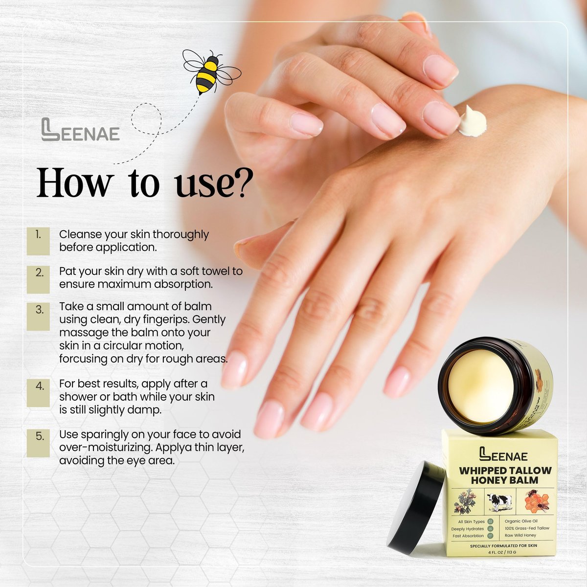 LEENAE Whipped Beef Tallow Moisturizer with Honey – Grass Fed Tallow Face & Body Balm, Unscented Natural Skin Cream with Olive Oil, 4 oz - görsel 11