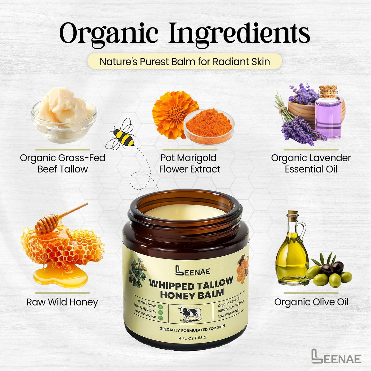 LEENAE Whipped Beef Tallow Moisturizer with Honey – Grass Fed Tallow Face & Body Balm, Unscented Natural Skin Cream with Olive Oil, 4 oz - görsel 3