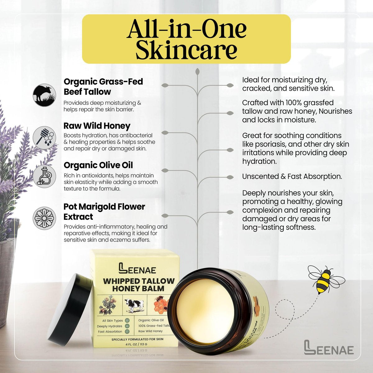 LEENAE Whipped Beef Tallow Moisturizer with Honey – Grass Fed Tallow Face & Body Balm, Unscented Natural Skin Cream with Olive Oil, 4 oz - görsel 13