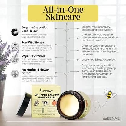 LEENAE Whipped Beef Tallow Moisturizer with Honey – Grass Fed Tallow Face & Body Balm, Unscented Natural Skin Cream with Olive Oil, 4 oz