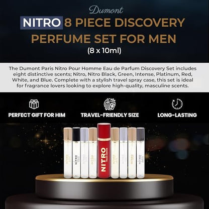 Dumont Nitro Pour Homme Perfume Discovery Set for Men | 8 Mini Travel Sprays (0.34 oz each) Avelisse
