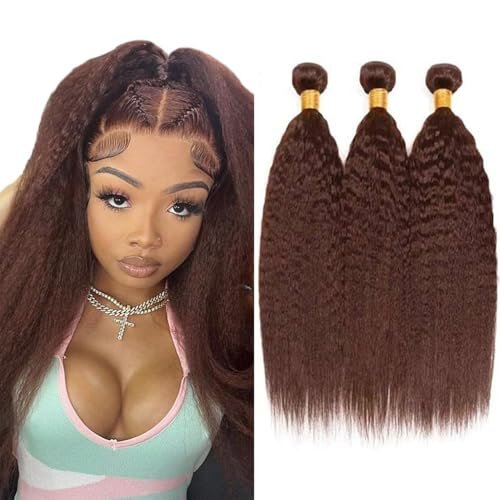 HrceYocr #4 Brown Yaki Straight Human Hair Bundles 24 26 28 Inch – Unprocessed Brazilian Virgin Hair Weave 3 Bundle Pack (50g/Bundle) - görsel 2