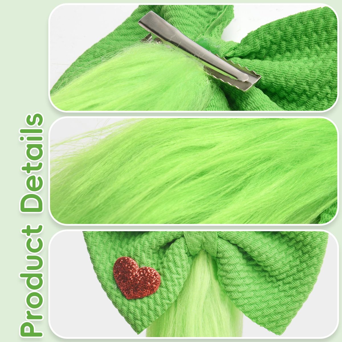 Green Furry Hair Bow Headband Clip - 2 Pack, Christmas Costume Accessories for Girls Women - görsel 3
