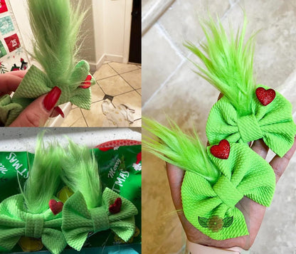 Green Furry Hair Bow Headband Clip - 2 Pack, Christmas Costume Accessories for Girls Women